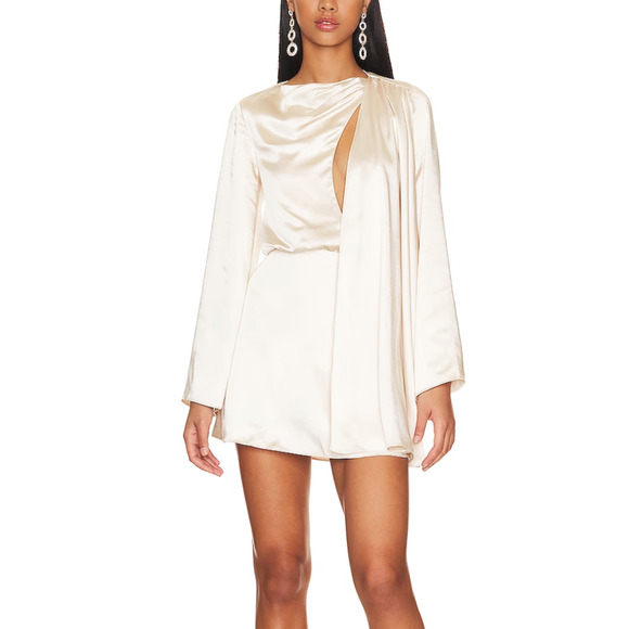 NBD White Satin Cocktail Mini Dress XS Kimono Blouson Designer Revolve $208 NEW - Picture 1 of 10